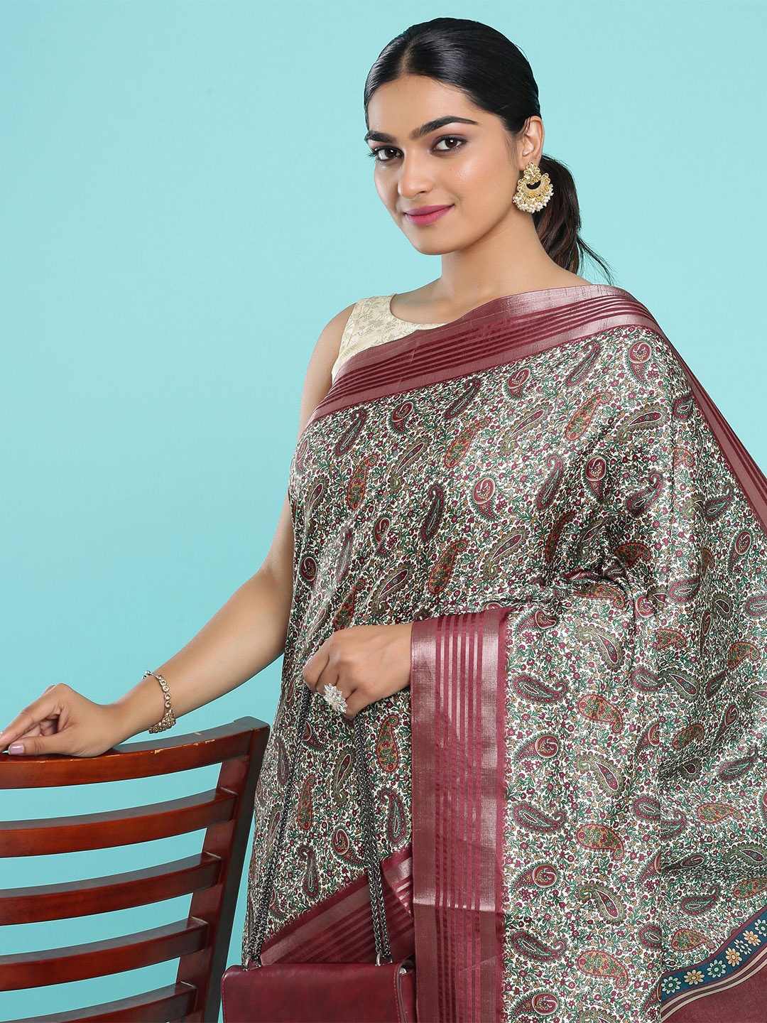 

Kalyan Silks Paisley Zari Jute Silk Tussar Saree, Cream