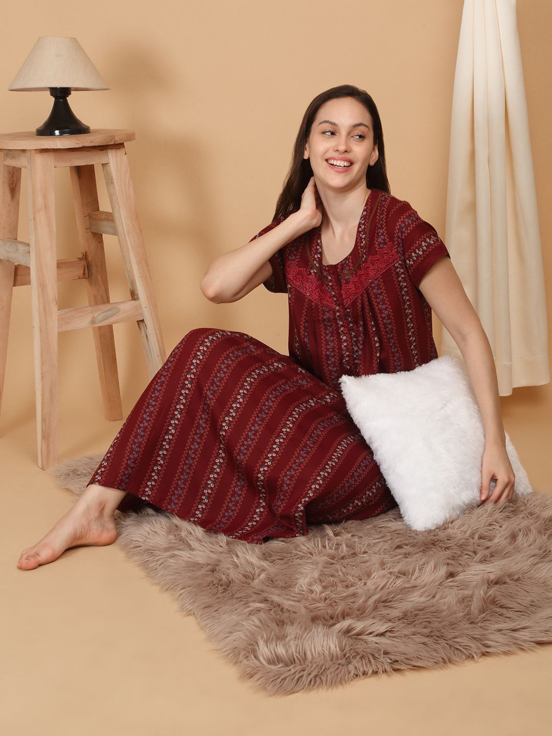 

SAANJ Printed Maxi Nightdress, Maroon