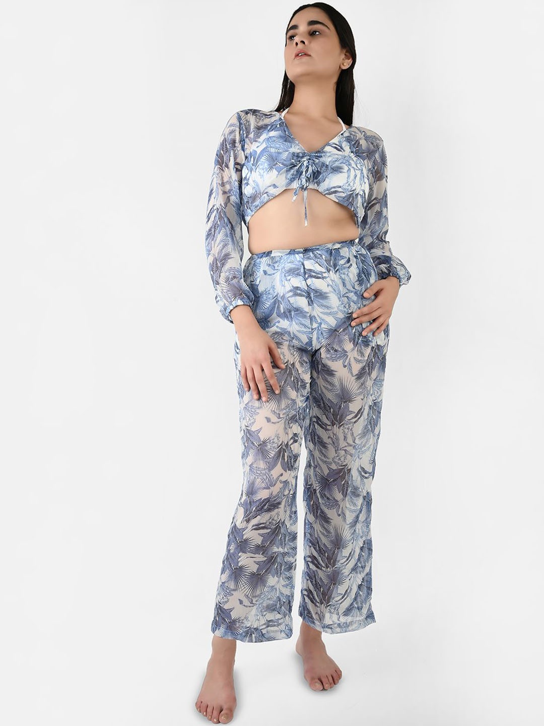 

Blissence Floral Printed Tie Up Crop Top With Trouser, Blue