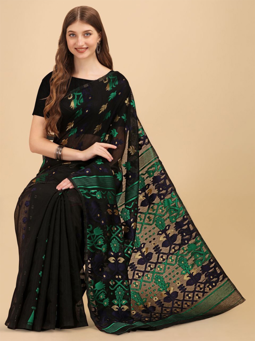 

Wuxi Woven Design Zari Pure Silk Banarasi Saree, Black