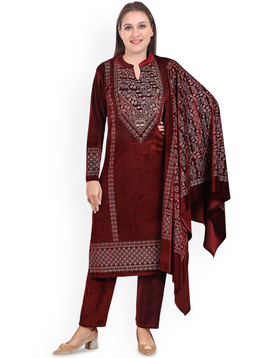 

Pampara Women Floral Embroidered Regular Velvet Kurta with Trousers & With Dupatta, Maroon