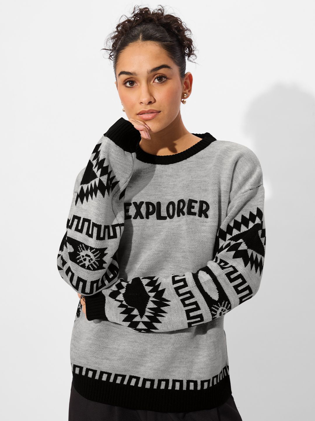 

The Souled Store Women Typography Printed Pullover with Embroidered Detail, Grey