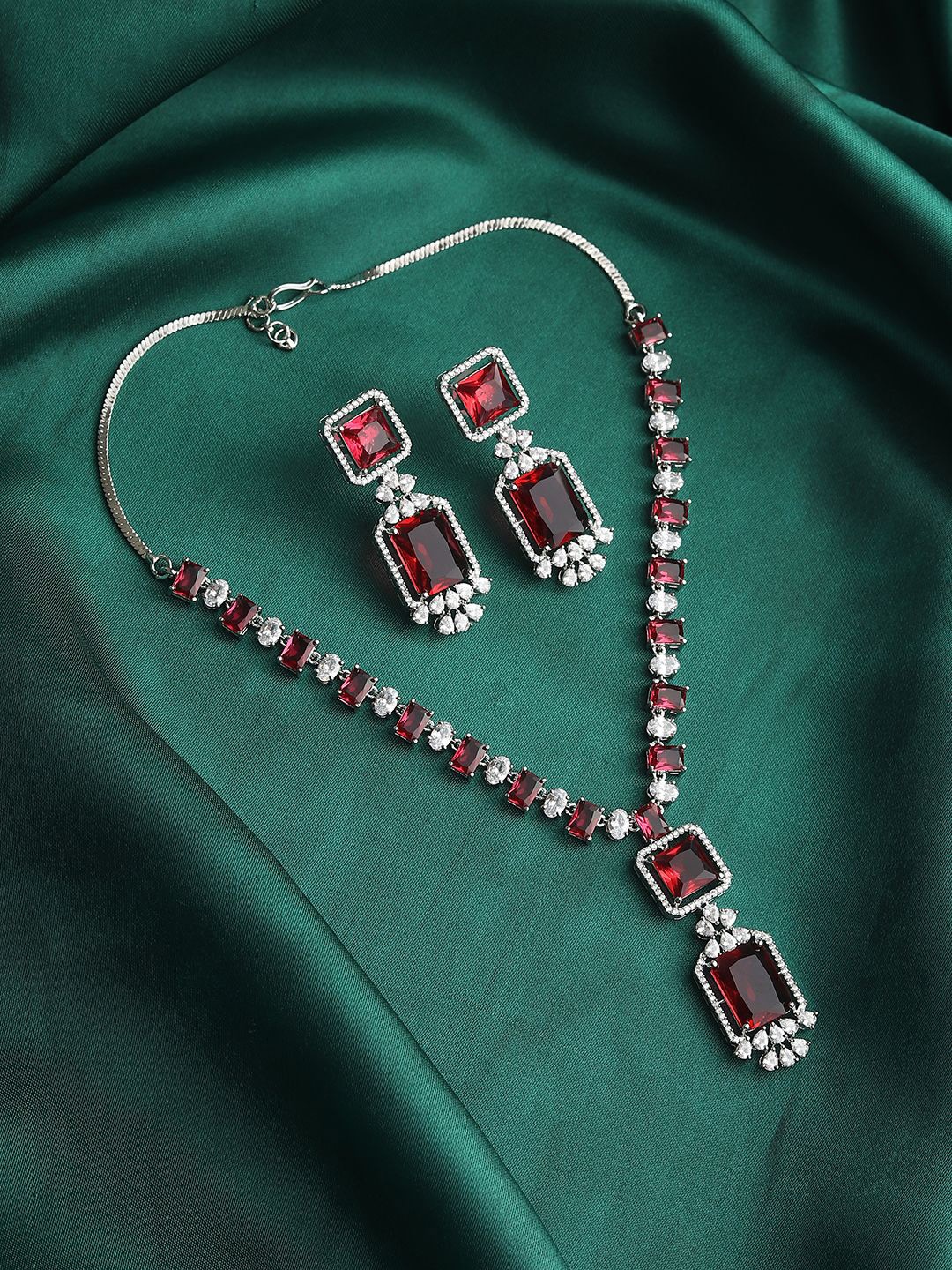 

RHOSYN Rhodium Plated American Diamond Studded Jewellery Set, Silver