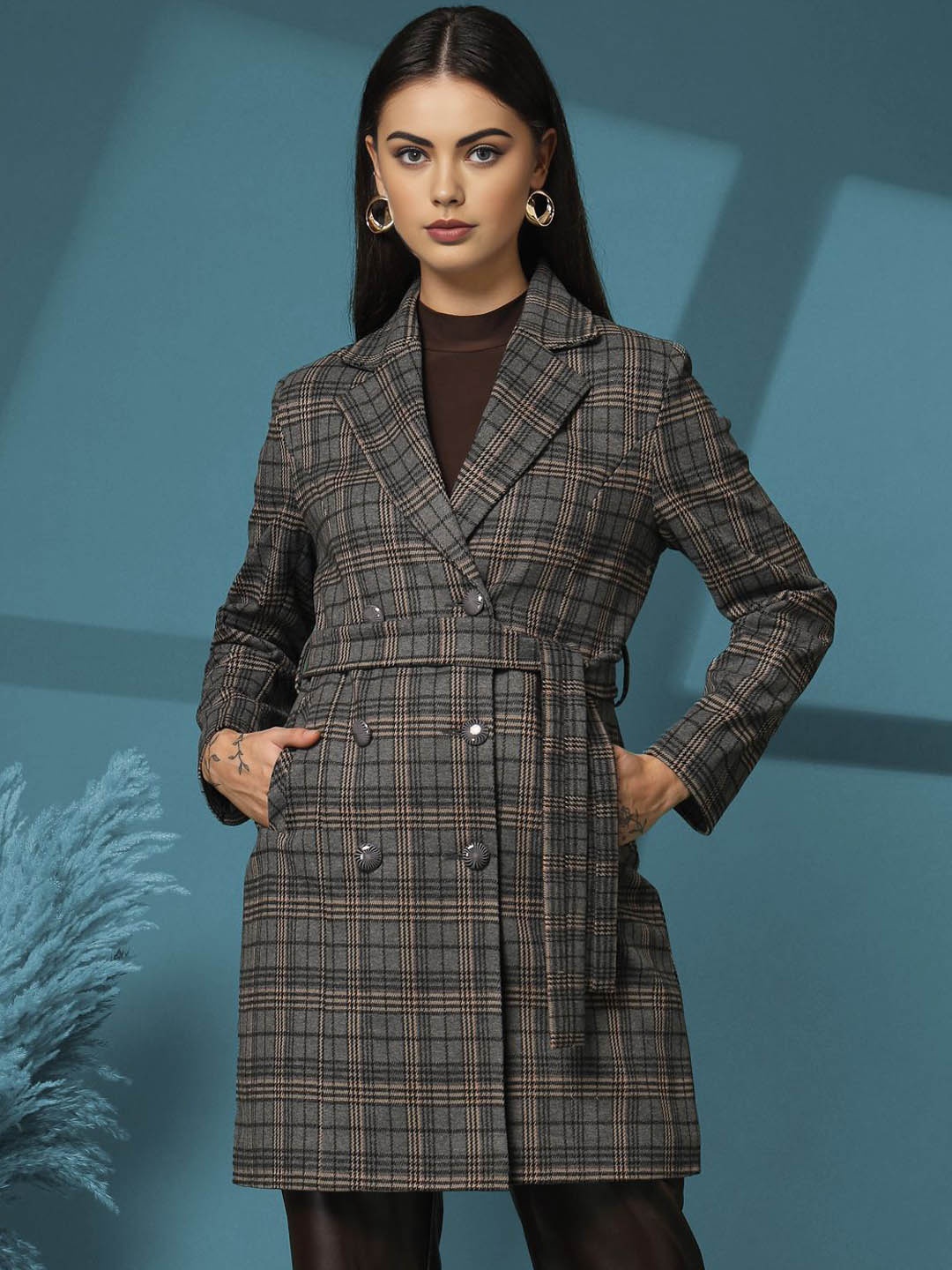 

The Roadster Lifestyle Co Checked Double-Breasted Winter Overcoat, Grey