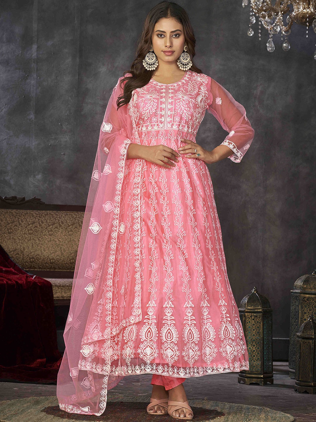 

Warthy Ent Floral Embroidered Semi-Stitched Dress Material, Peach