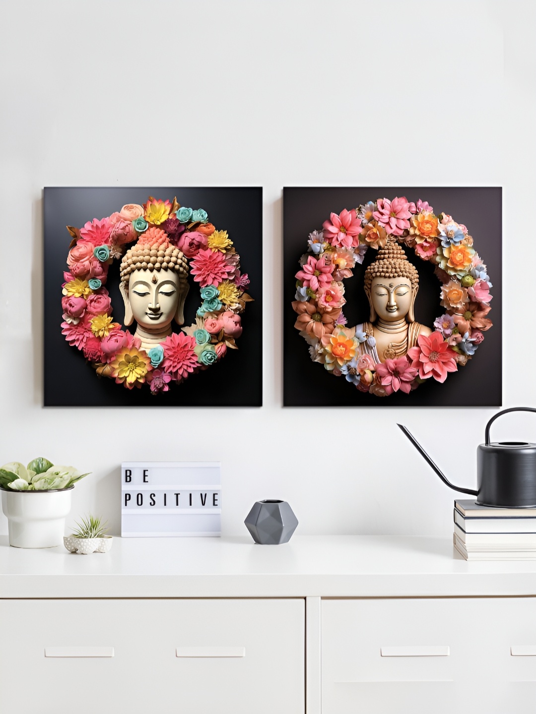 

RANDOM Black & Pink 2 Pieces Lord Buddha Canvas Wall Paintings