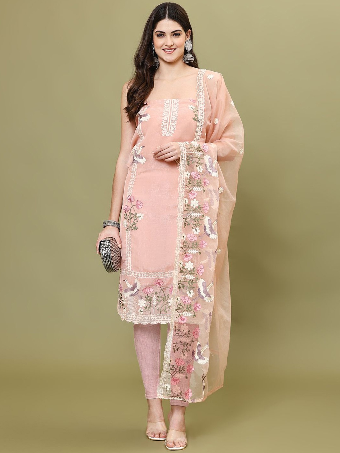 

Meena Bazaar Thread Embroidered Organza Unstitched Dress Material, Peach