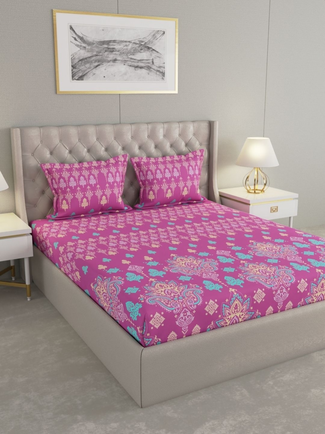 

Raymond Home Pink & Blue Ethnic Motifs Pure Cotton120 TC King Bedsheet Set 2.74 m X 2.74 m