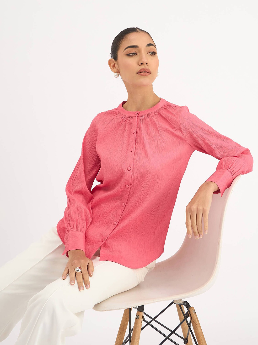 

SALT ATTIRE Mandarin Collar Long Sleeves Shirt Style Top, Pink