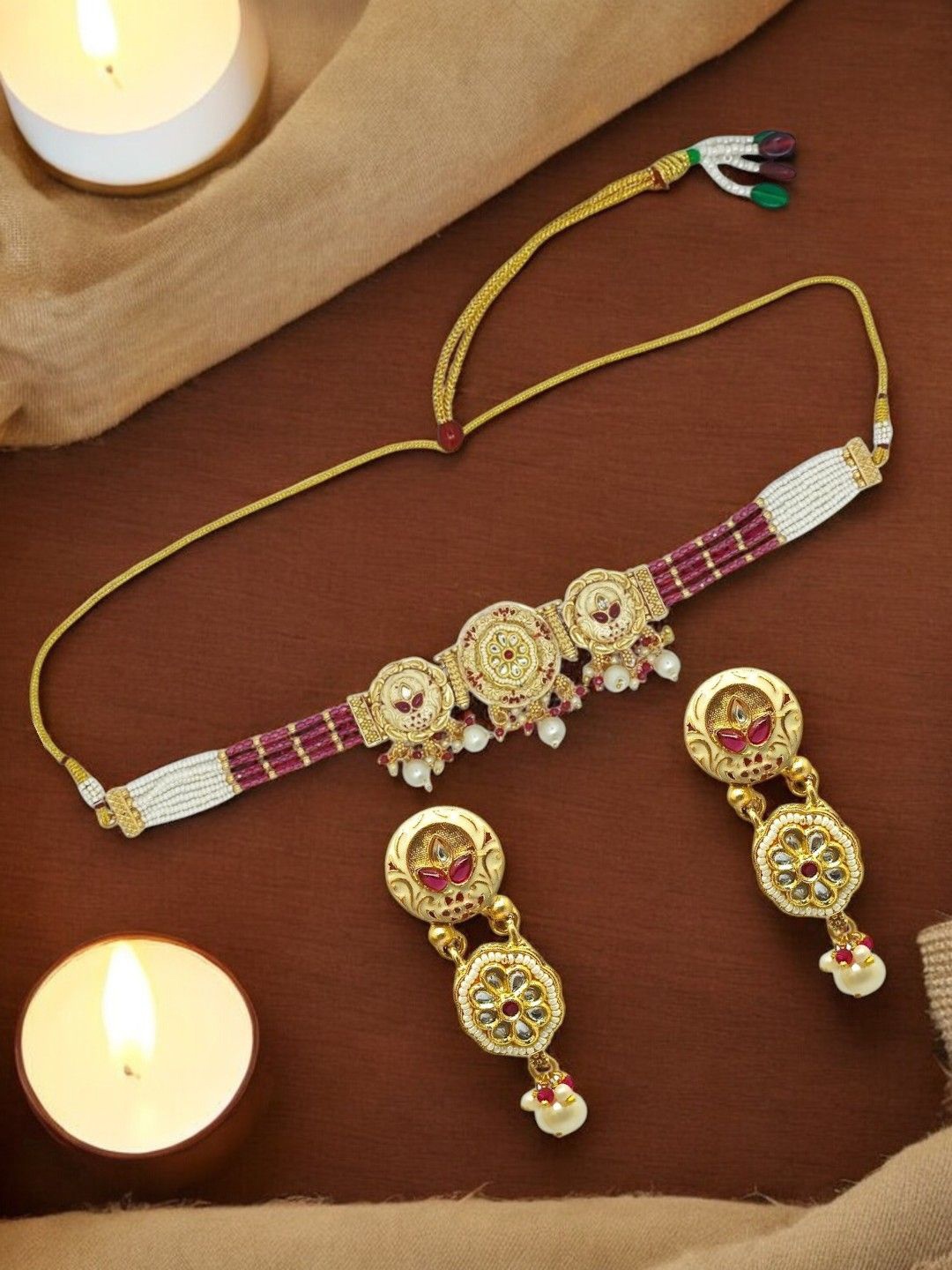 

FEMMIBELLA Gold-Plated Kundan-Studded & Beaded Jewellery Set