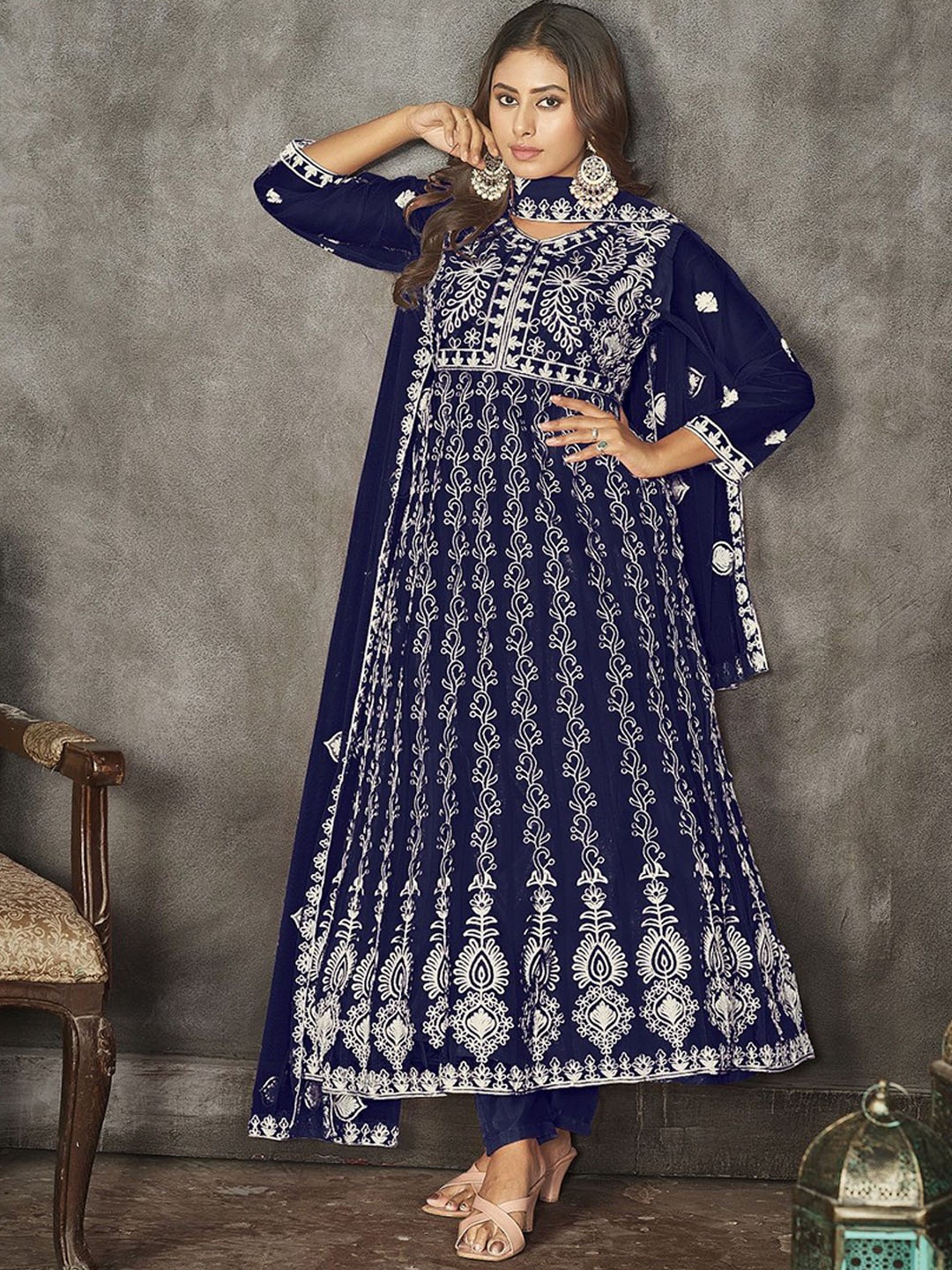 

Warthy Ent Floral Embroidered Net Semi-Stitched Dress Material, Blue