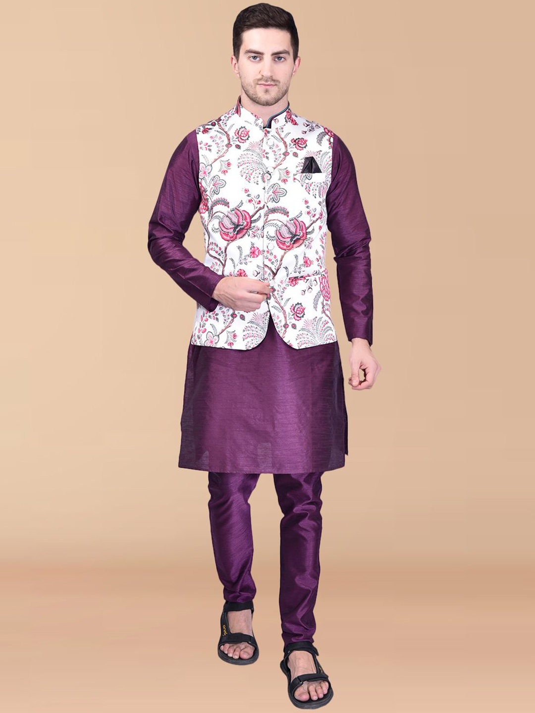 

PRINTINDIA Men Regular Pure Silk Kurta with Trousers, Purple