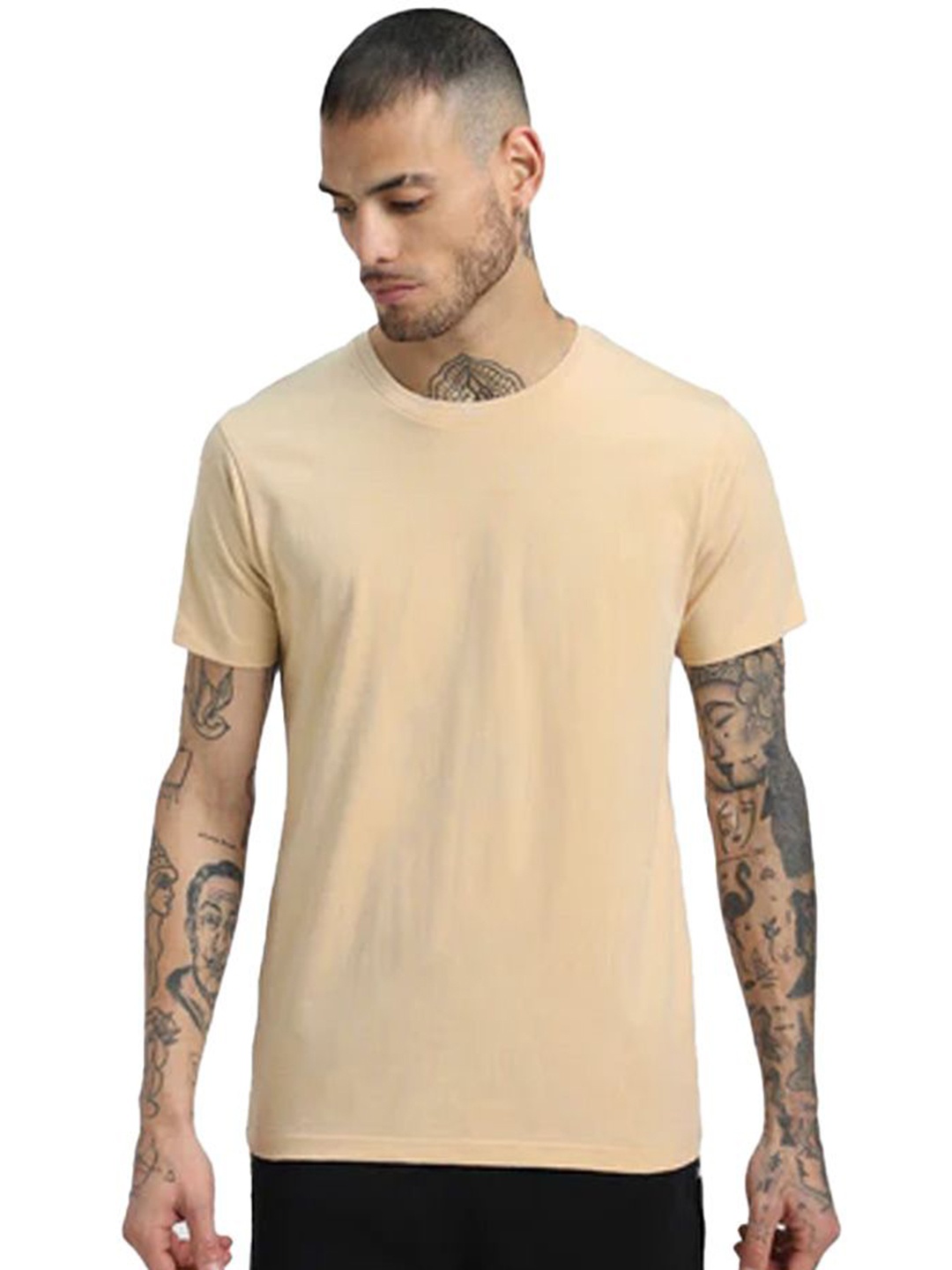 

VIXENLY Men Round Neck Solid Cotton T-shirt, Cream