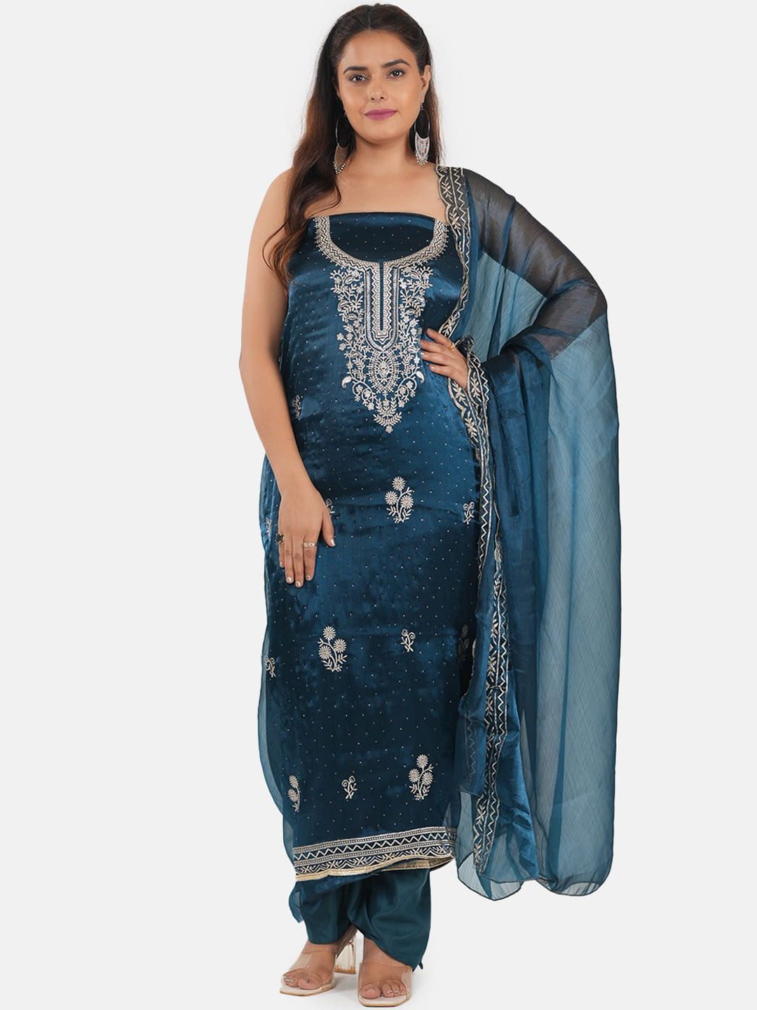 

MOZAFIA Premium Ethnic Motifs Embroidered Zari Unstitched Dress Material, Blue