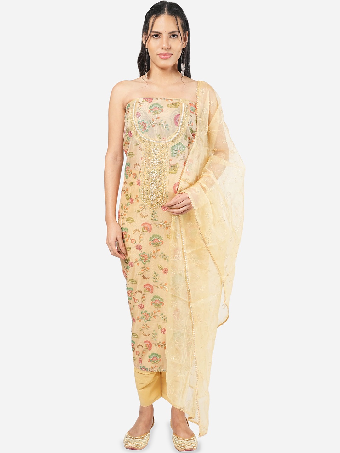 

MOZAFIA Floral Embroidered Beads and Stones Organza Unstitched Dress Material, Beige
