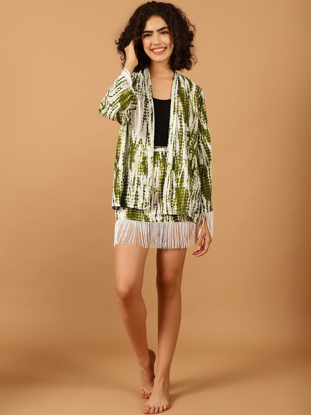 

Blissence Printed Fringed Robe & Skirt Swimwear Cover up Set, Green