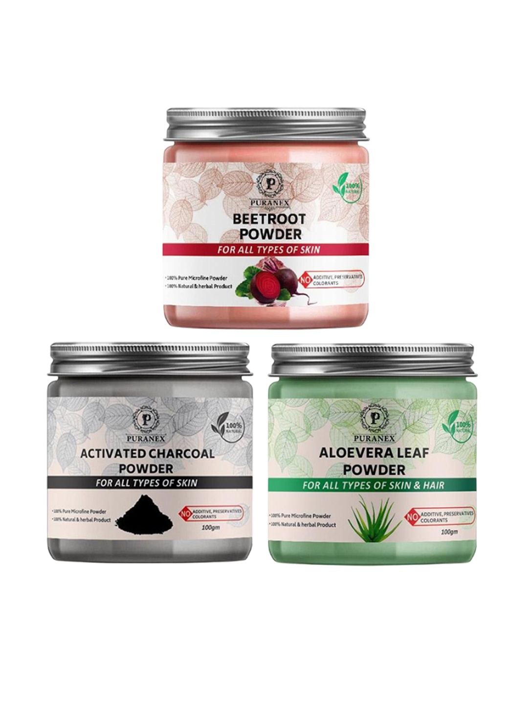 

Puranex Set Of 3 100% Natural & Pure Beet Root, Aloevera & Charcoal Powder - 100 gm Each, White