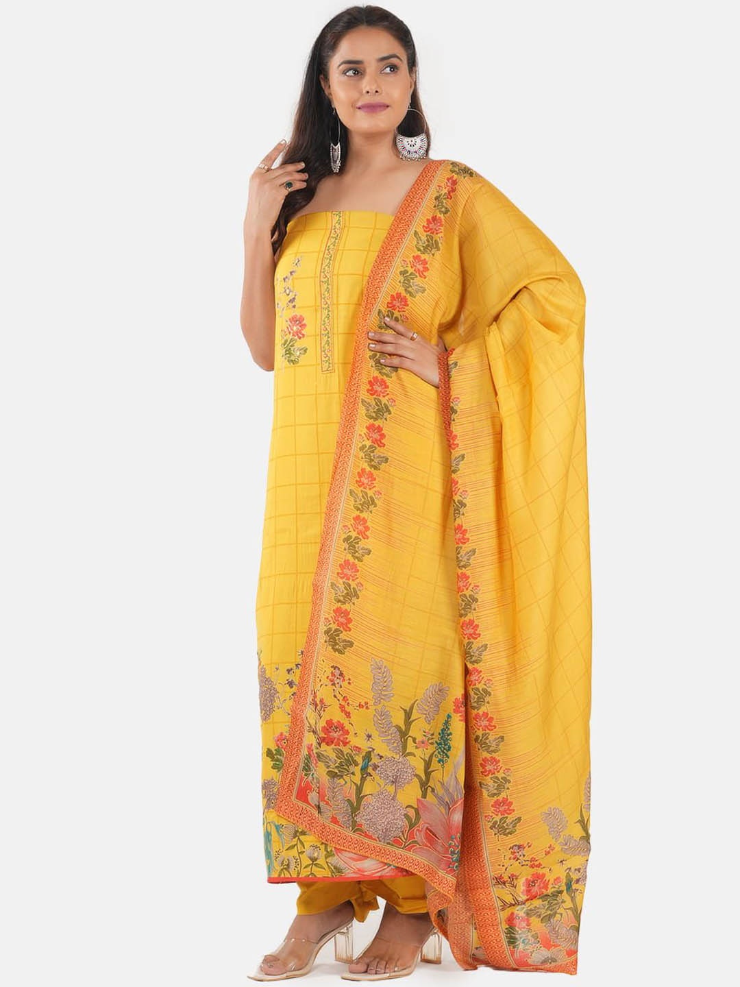 

MOZAFIA Floral Printed Sequinned Pure Silk Unstitched Dress Material, Yellow