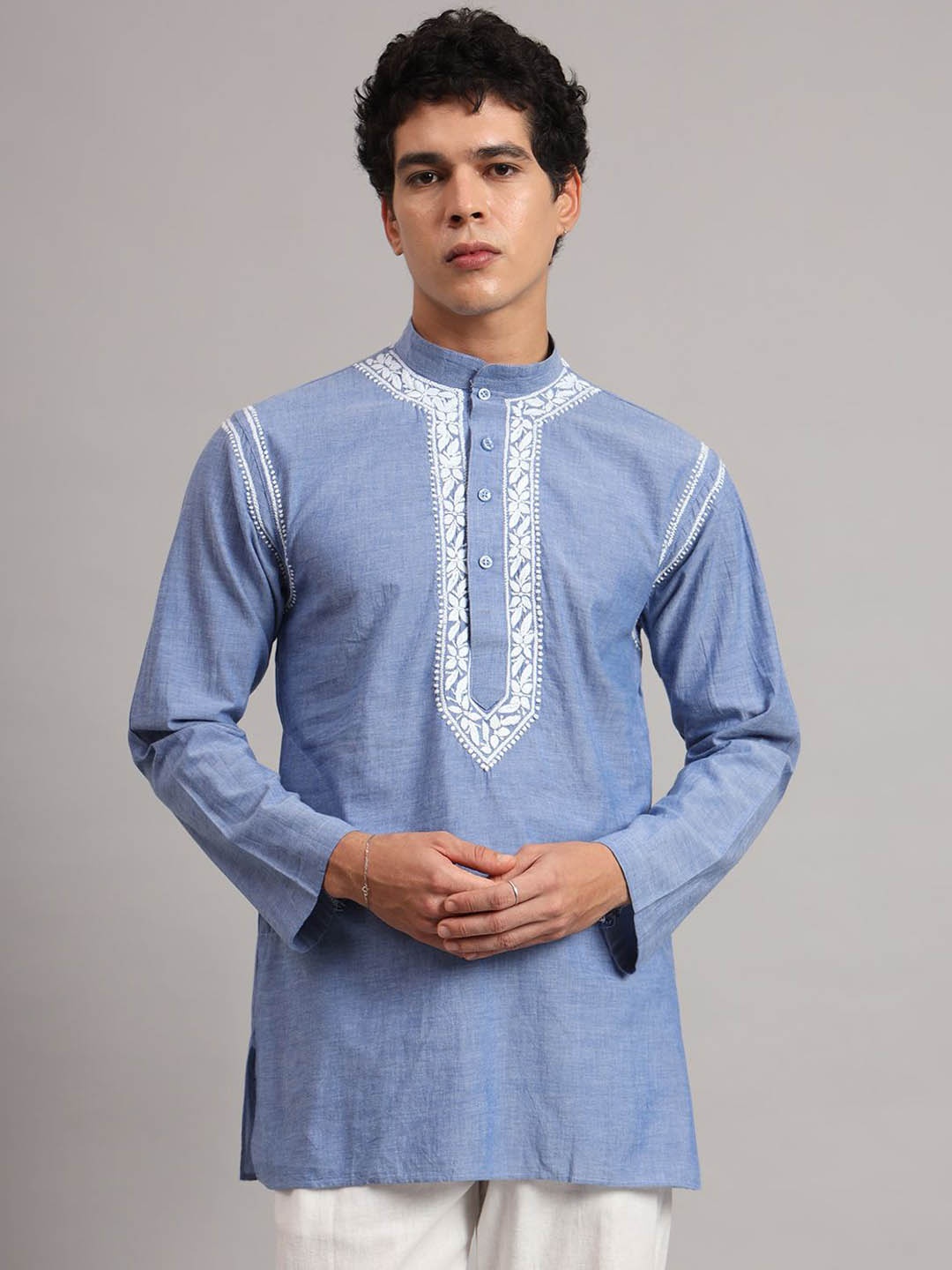 

The Chikan Label Men Hand Embroidered Chikankari Denim Cotton Ethnic Wear Kurta, Blue