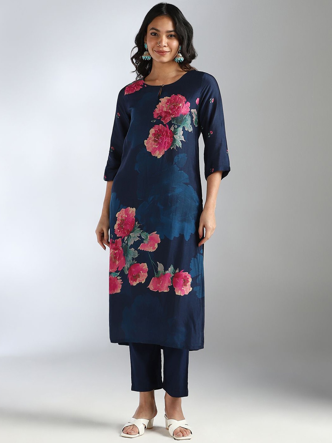 

House Of Dharaa Women Embroidered Regular Sequinned Raw Silk Kurti with Trousers & With Dupatta, Navy blue