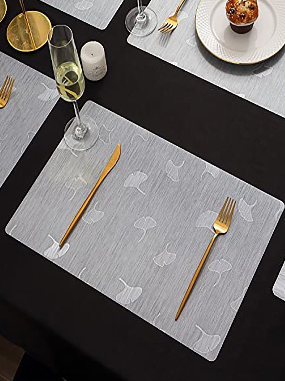 

HOKIPO Silver-Toned 6 Pieces Floral Rectangular Shining Dining Table Placemats