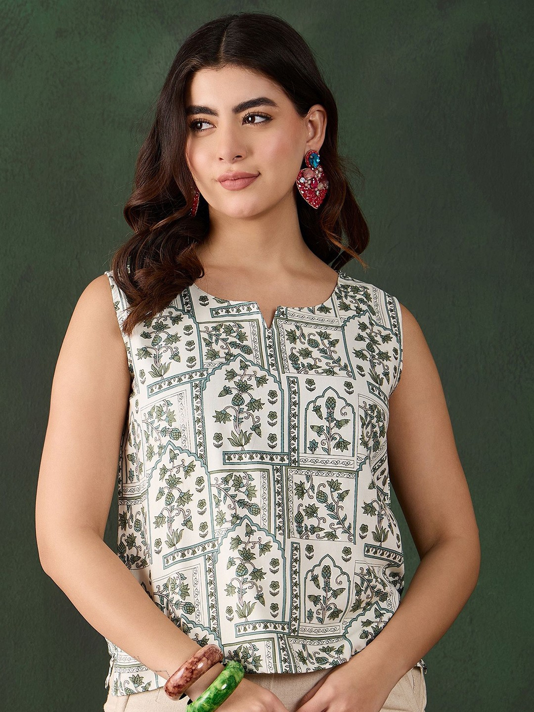 

Sangria Floral Printed Sleeveless Top, Beige