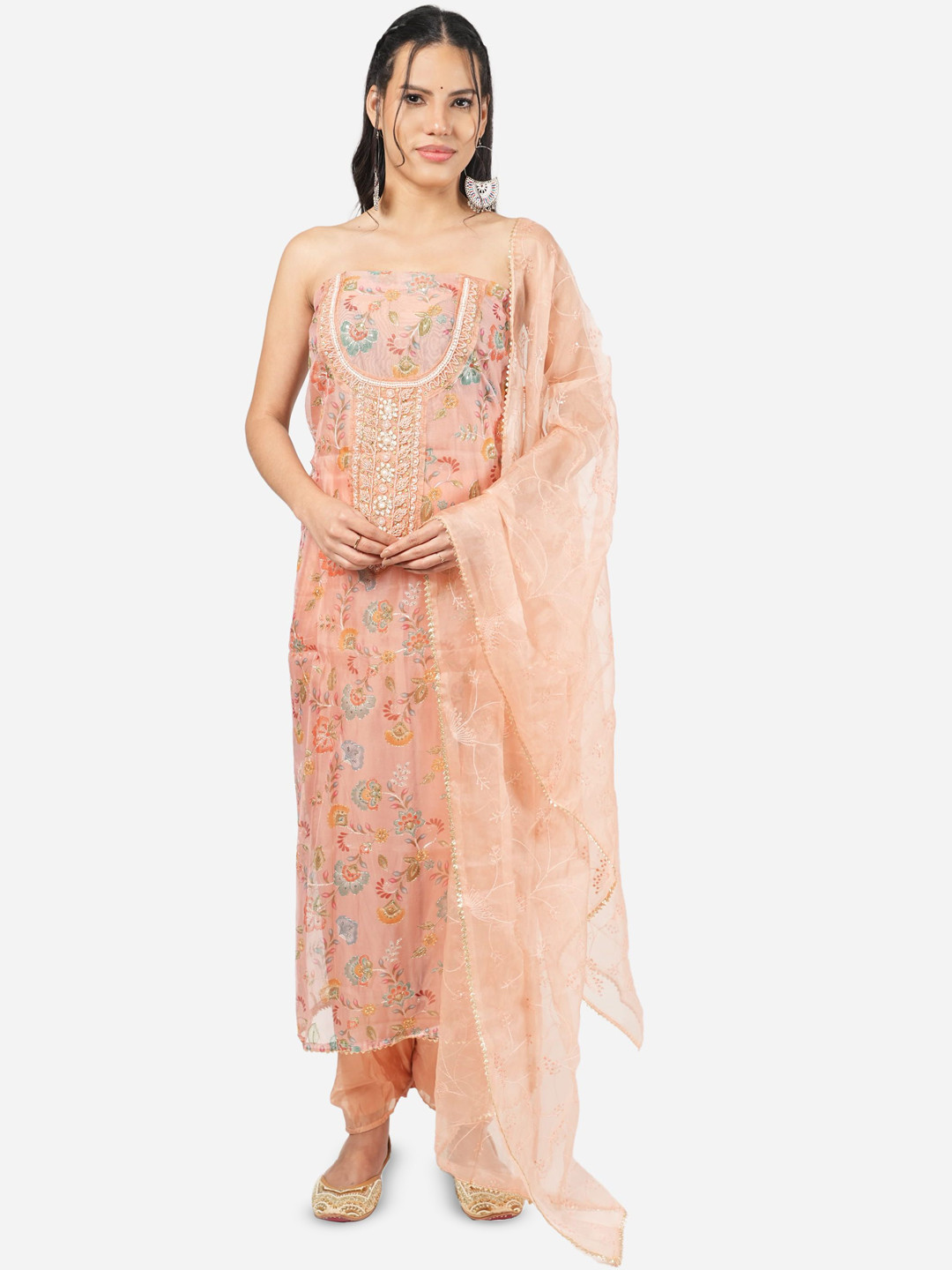 

MOZAFIA Floral Embroidered Beads and Stones Organza Unstitched Dress Material, Beige