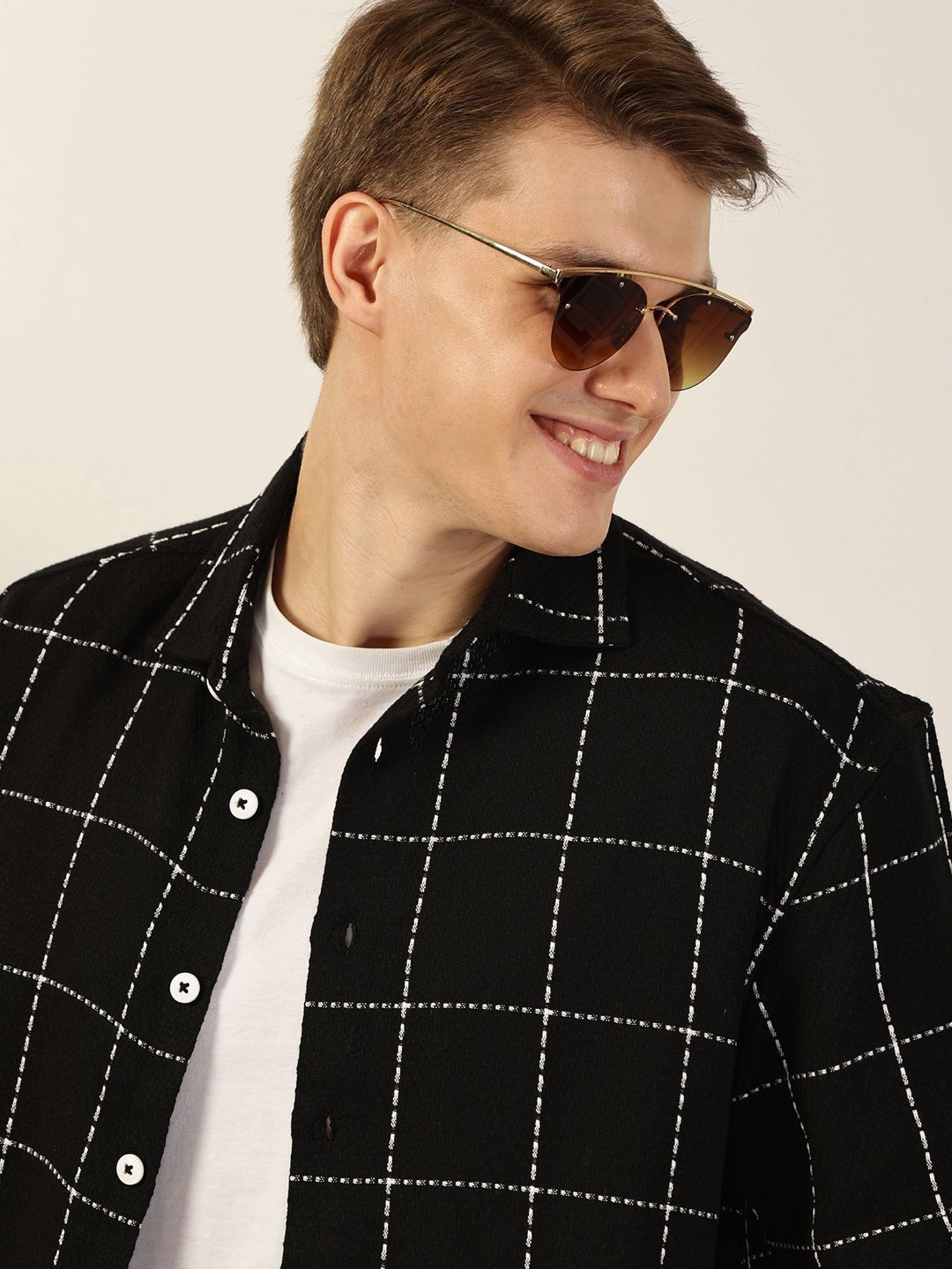 

Mast & Harbour Men Premium Windowpane Checked Casual Shirt, Black