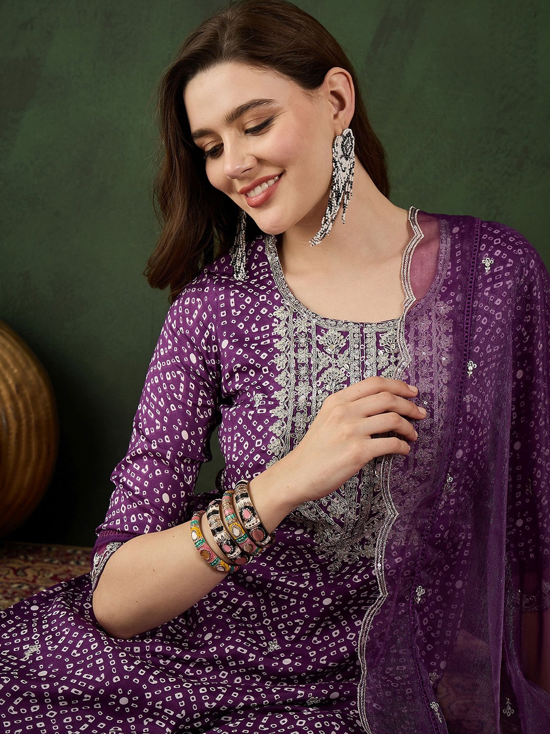 

Sangria Bandhani Printed Straight Kurta, Trouser & Dupatta Set, Purple