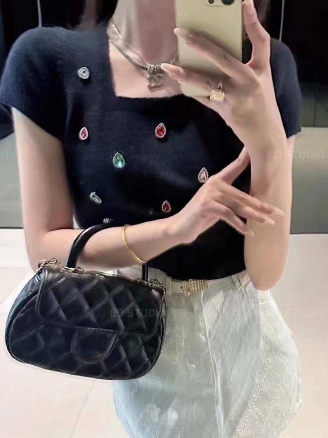 

KPOP Women Square Neck Short Sleeves Top, Black