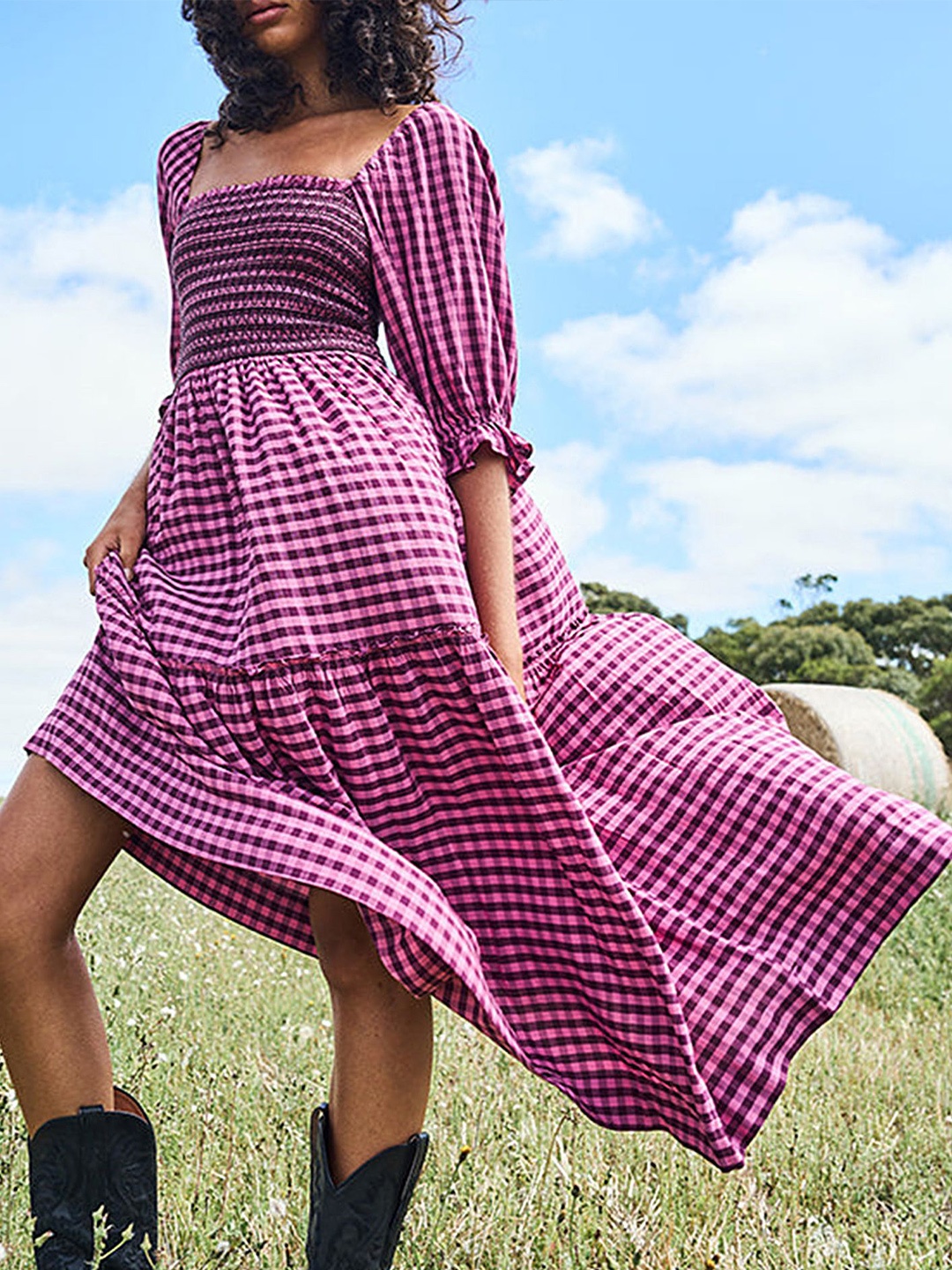 

LULU & SKY Checked Bell Sleeve Maxi Midi Dress, Rose