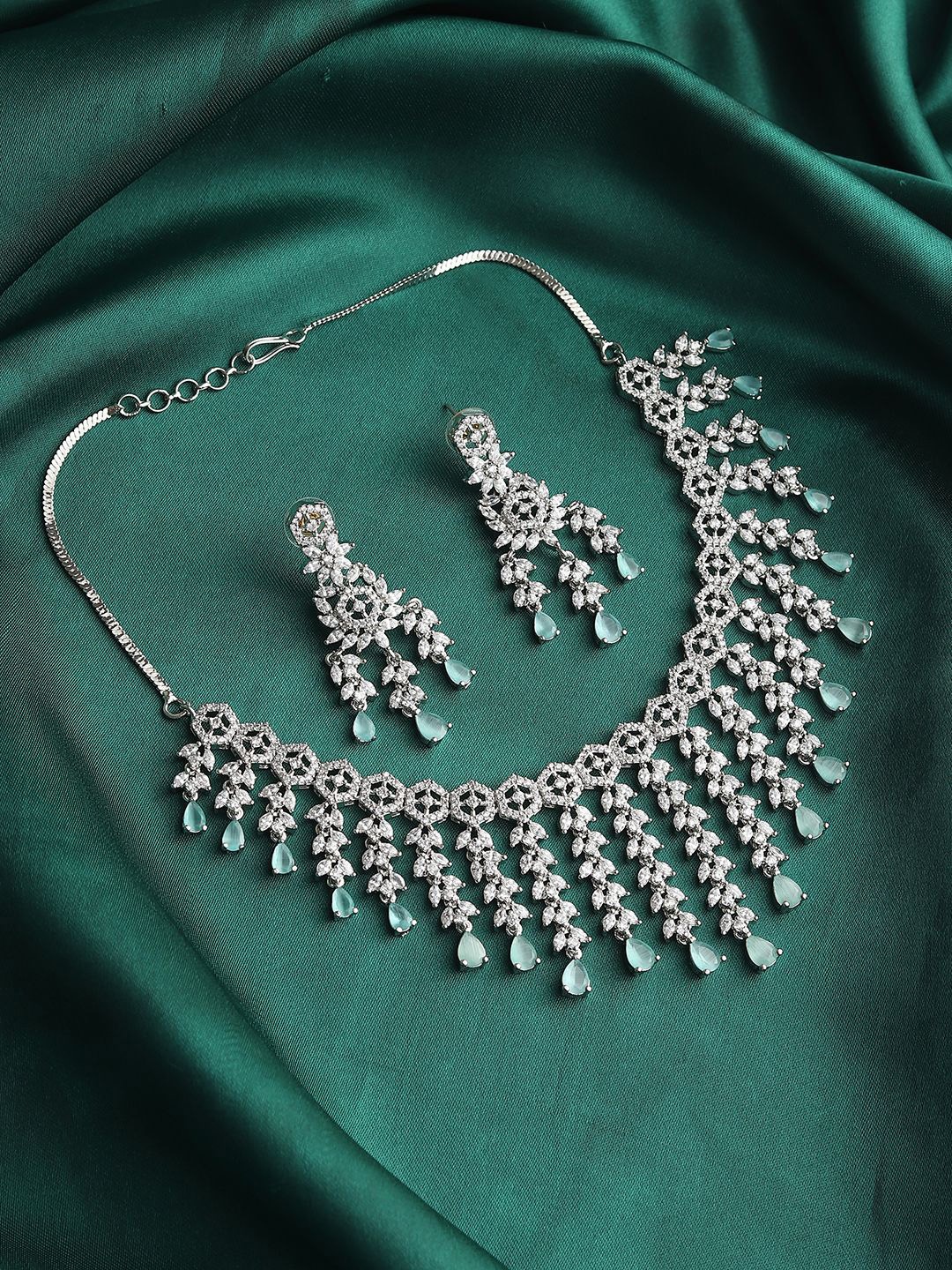 

RHOSYN Rhodium Plated American Diamond Studded Jewellery Set, Silver