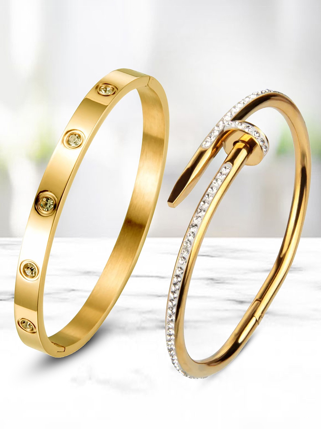 

DIVASTRI Set Of 2 Gold-Plated AD Studded Stainless Steel Anti Tarnish Kada Bracelet