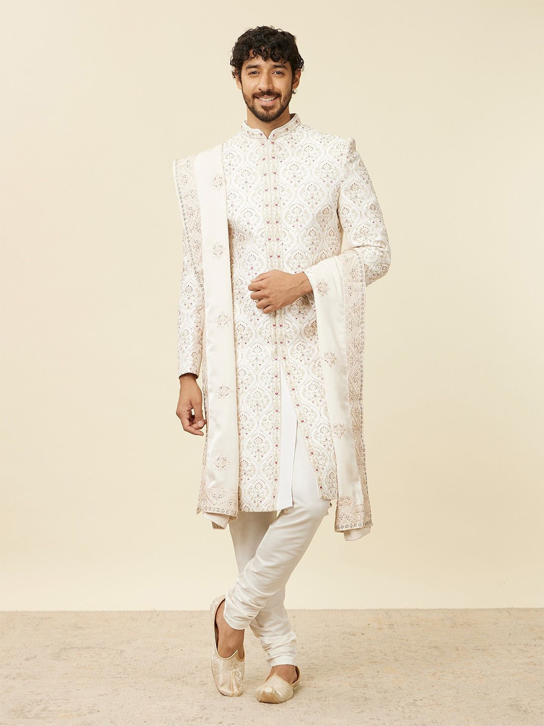 

Manyavar Men Ethnic Motifs Embroidered Dupatta with Beads and Stones, Cream