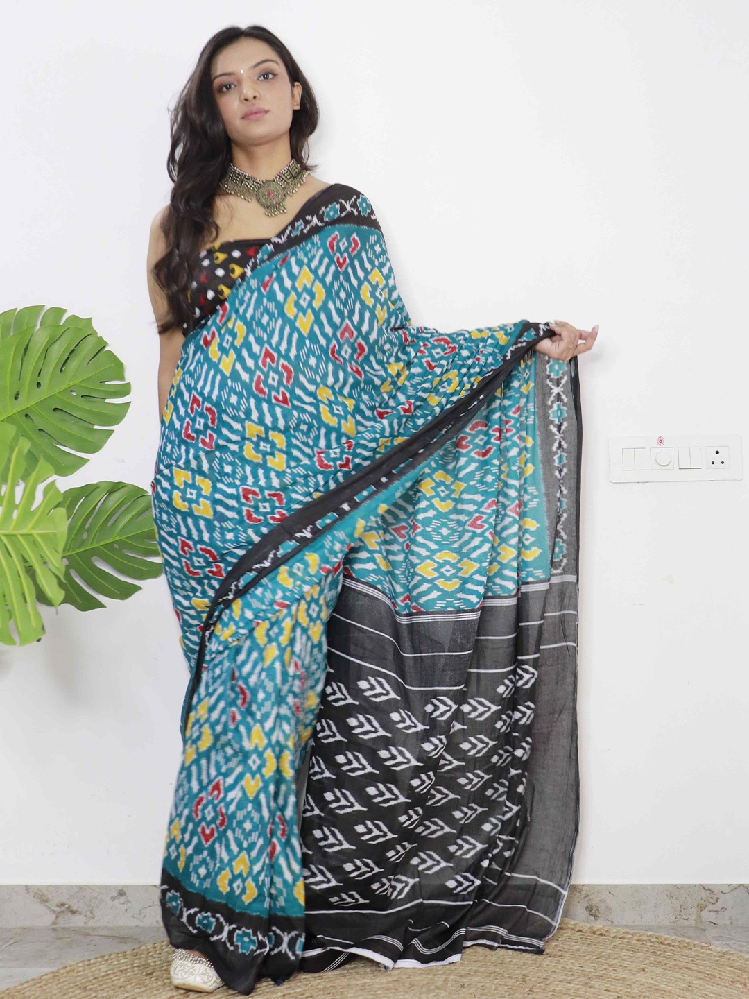 

HERE&NOW Pure Cotton Bagru Saree, Turquoise blue