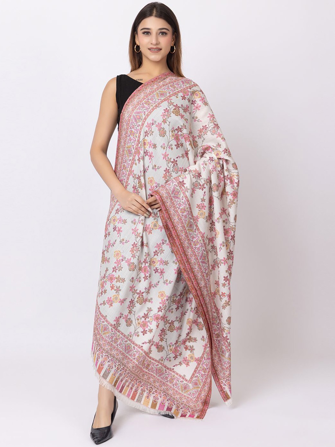 

PASHGIRI Women Floral Embroidered Shawl, White