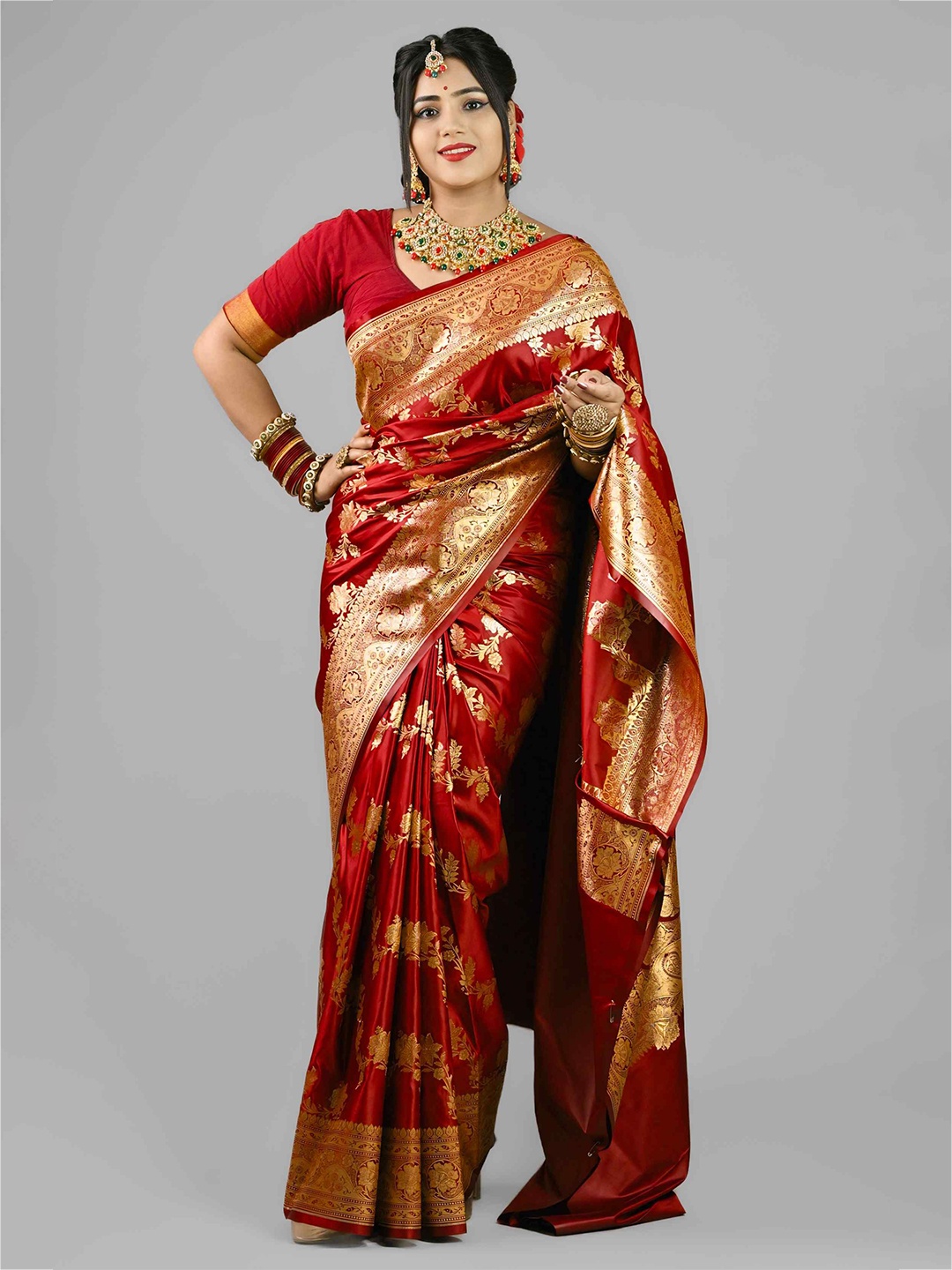 

Shopeezy Tex Fab Ethnic Motifs Zari Silk Blend Banarasi Saree, Maroon