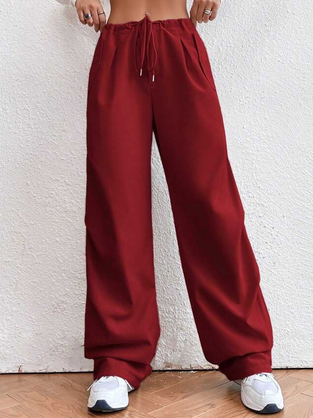 

SAAHASAM Women Striped Relaxed Loose Fit Trousers, Maroon