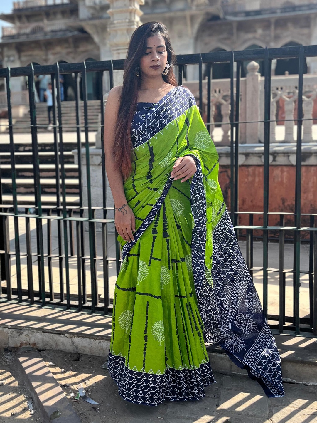 

HERE&NOW Printed Pure Cotton Bagru Saree, Green