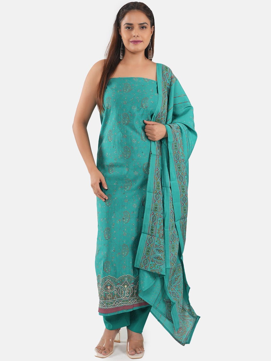 

MOZAFIA Premium Paisley Embroidered Beads and Stones Pure Silk Unstitched Dress Material, Green