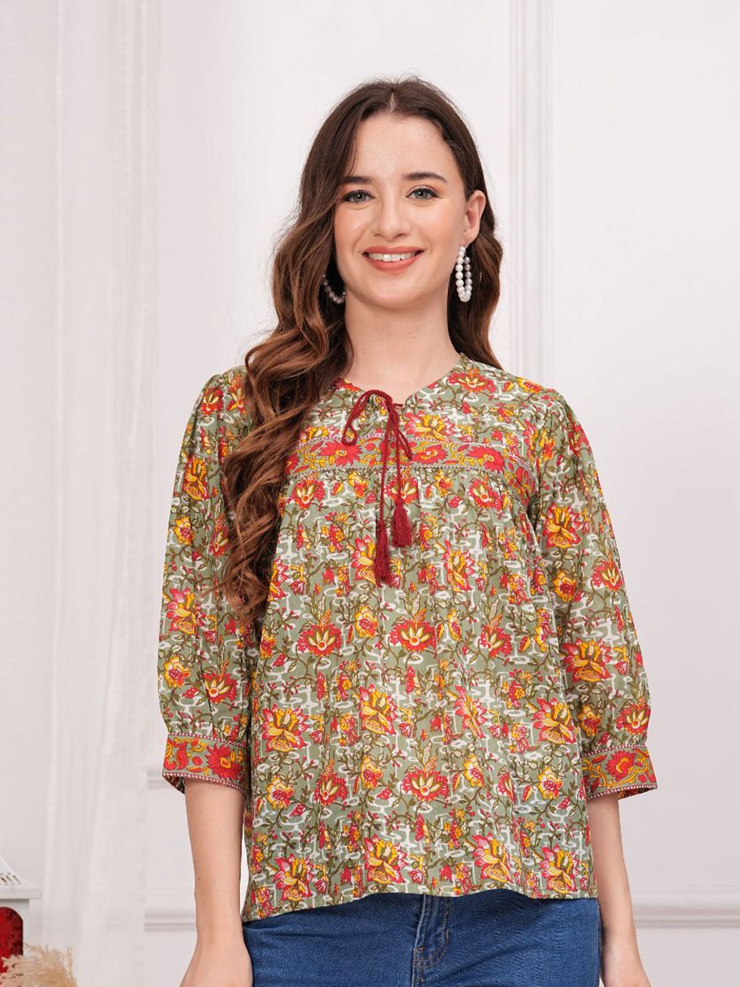 

KALINI Floral Print Cotton Top, Green