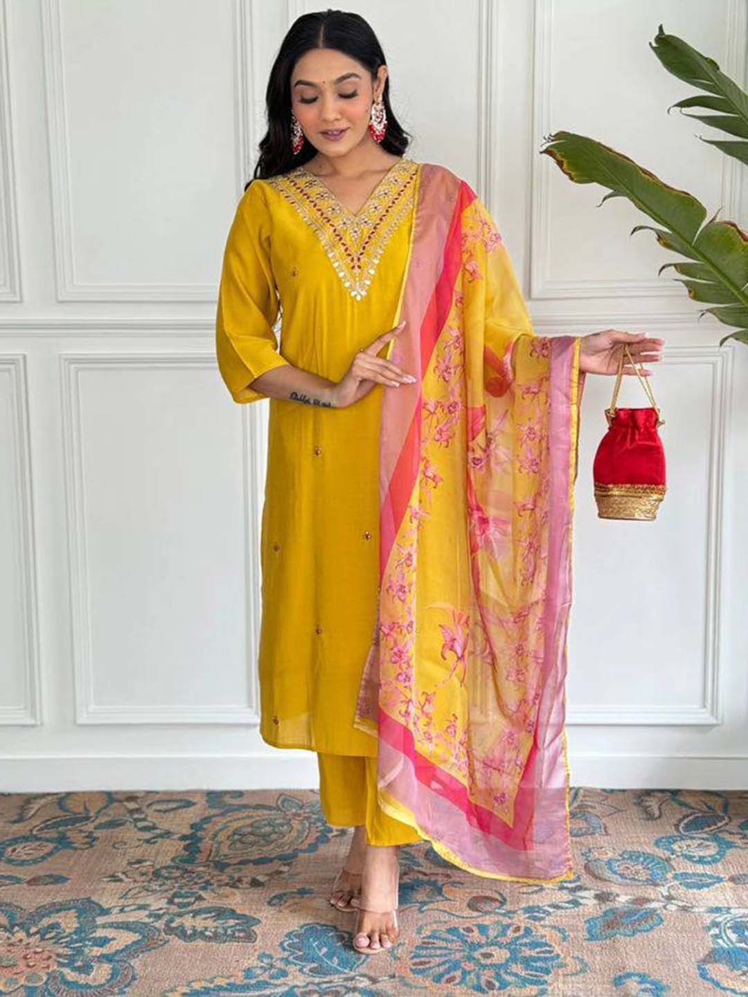 

BESUCHER Floral Embroidered Regular Mirror Work Straight Kurta With Trouser With Dupatta, Mustard