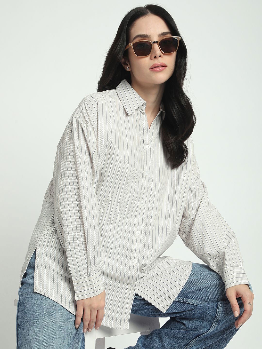 

R&B Women Opaque Striped Casual Shirt, Beige