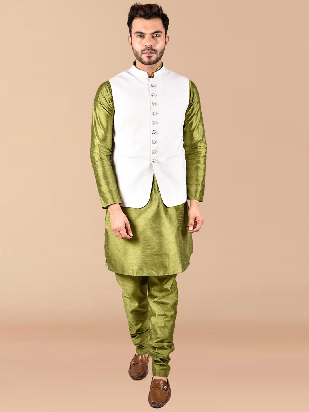 

PRINTINDIA Mandarin Collar Long Sleeves Regular Pure Silk Kurta & Trouser & Nehru Jacket, Green
