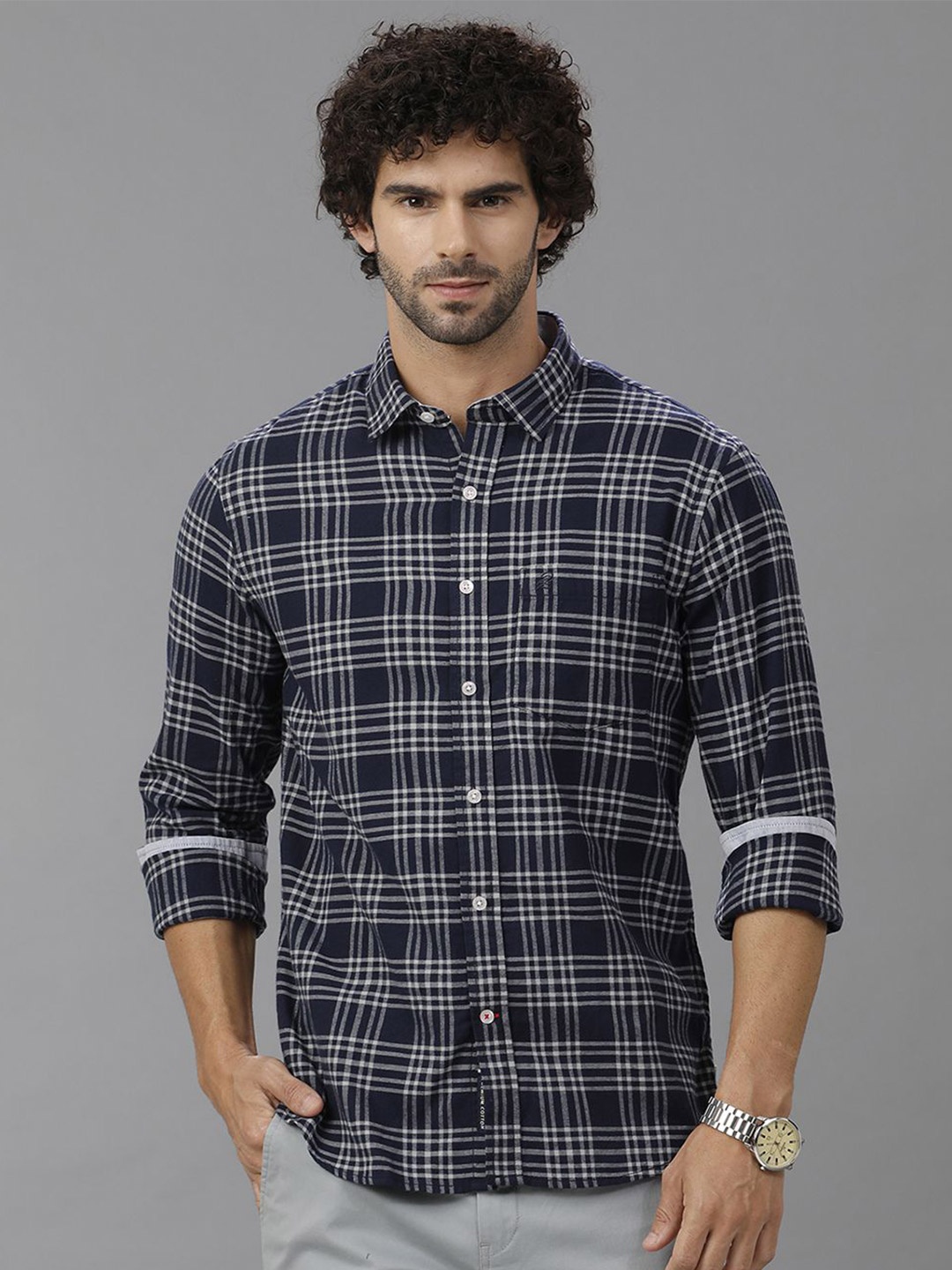 

Double Two Men Comfort Slim Fit Tartan Checks Opaque Checked Casual Shirt, White
