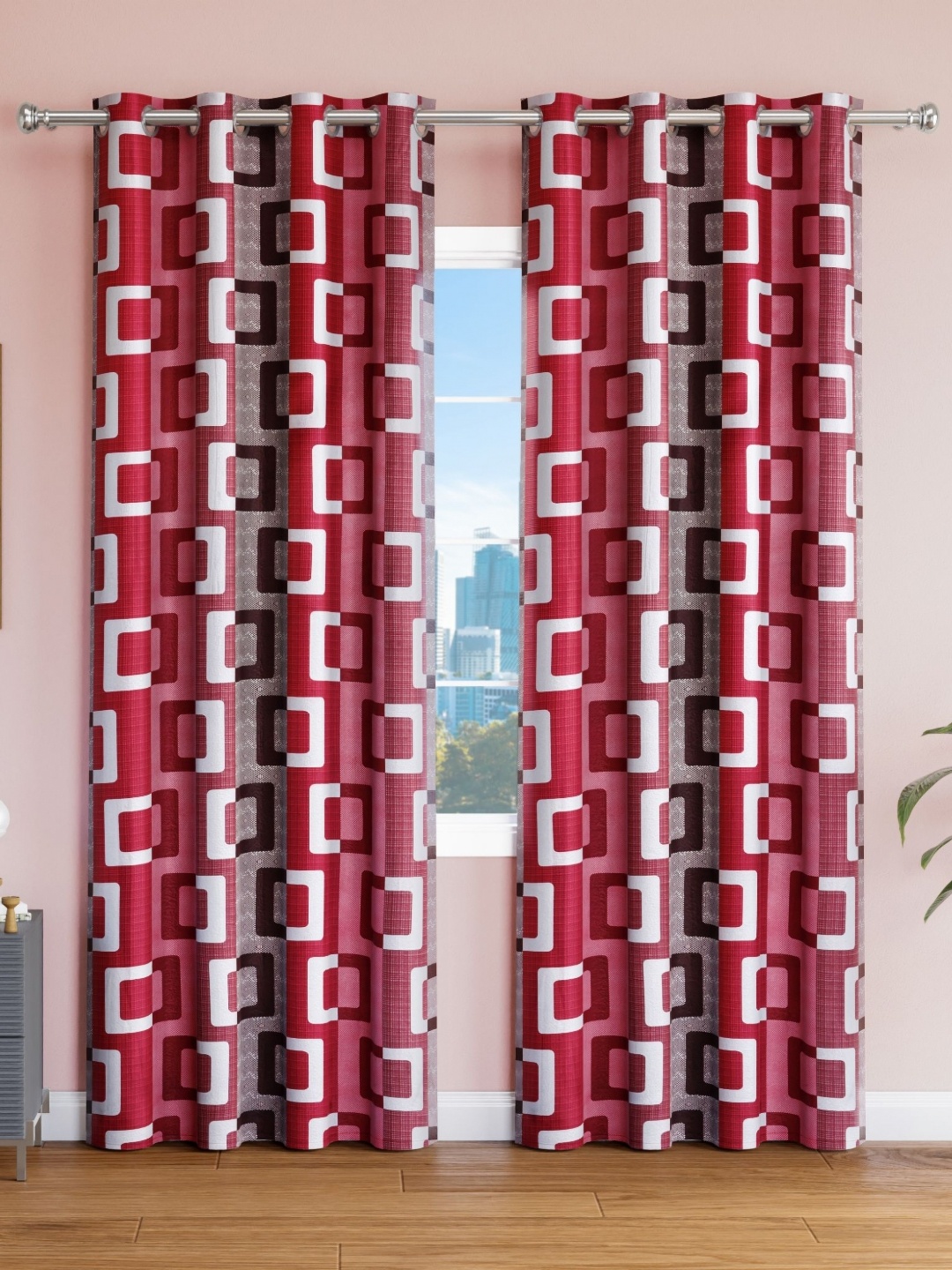 

Aura Red & White Set of 2 Geometric Window Curtain