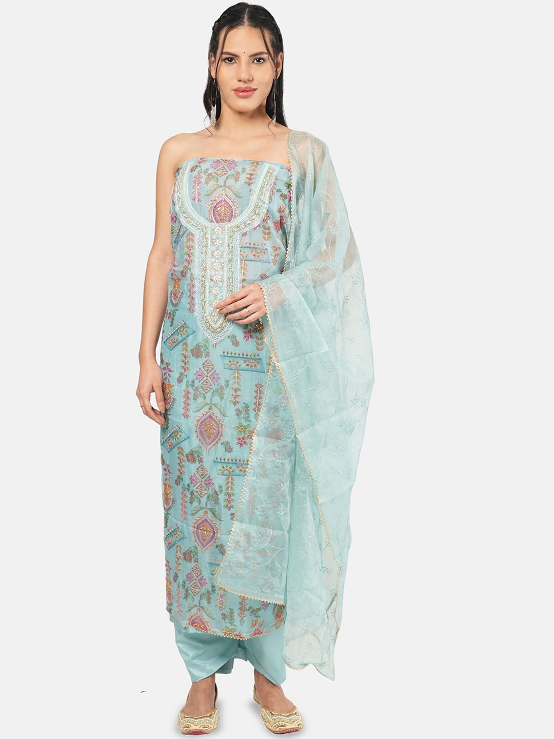 

MOZAFIA Floral Embroidered Organza Unstitched Dress Material, Blue