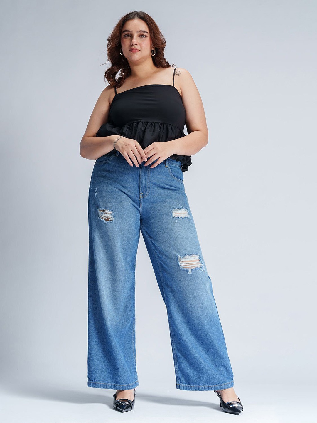 

FREAKINS Women Wide Leg High-Rise Mildly Distressed Light Fade Jeans, Blue