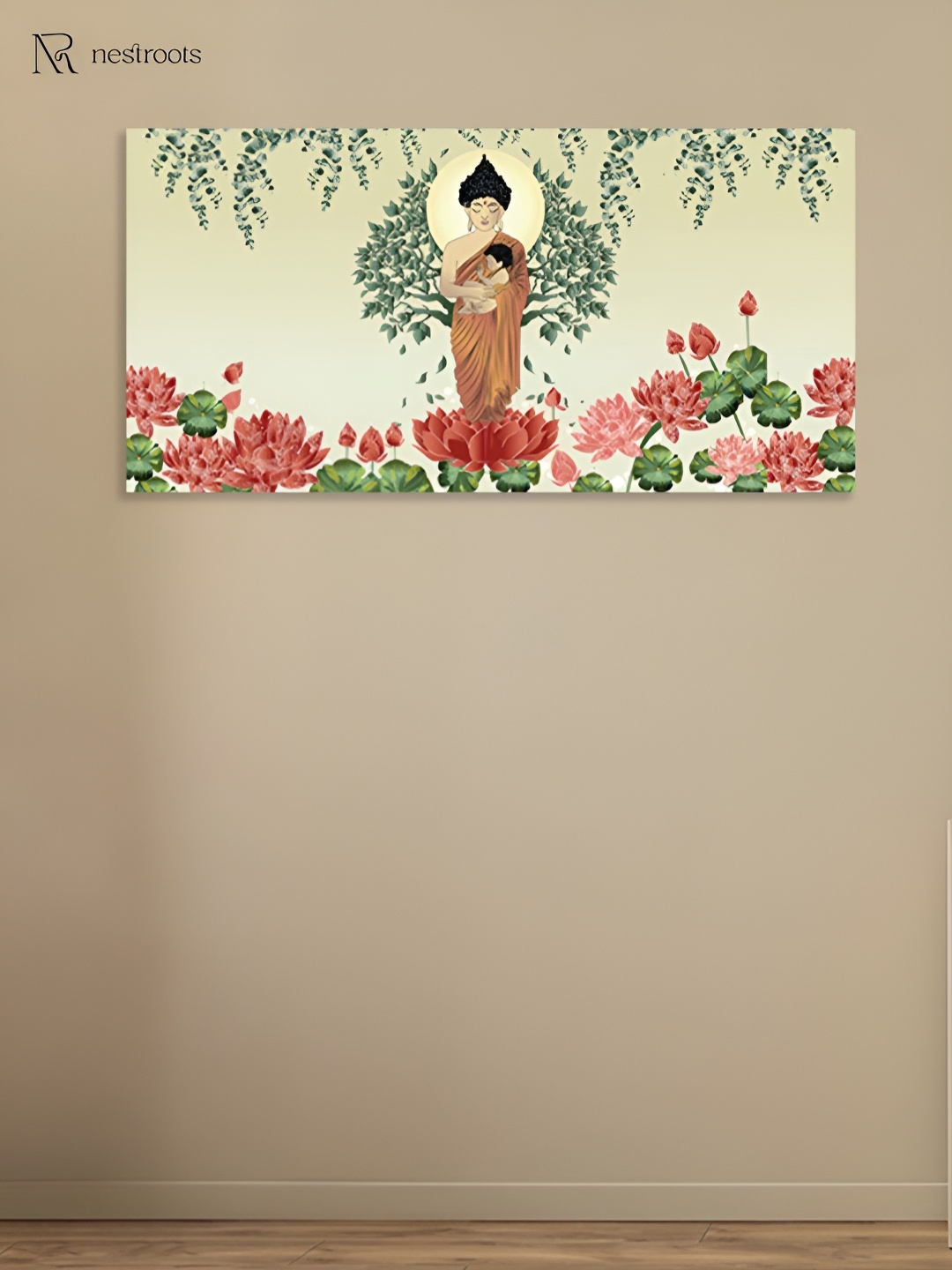 

nestroots Cream-Coloured Buddha Symbolized Naturing and Care Canvas Wall Painting