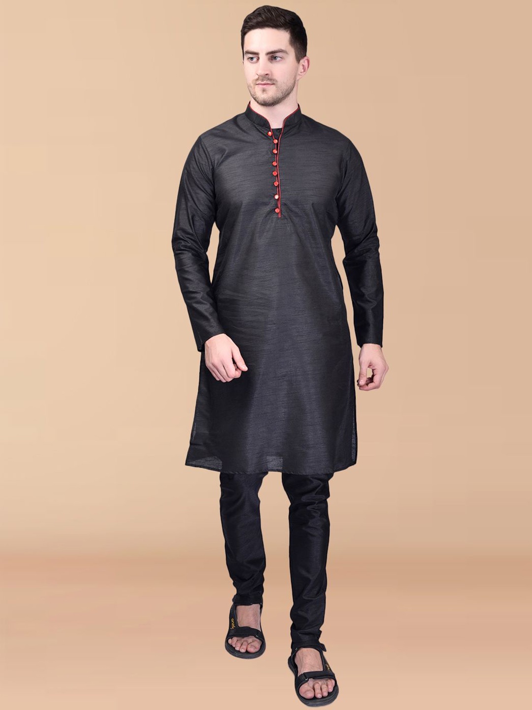 

PRINTINDIA Men Regular Pure Silk Kurta with Churidar, Black